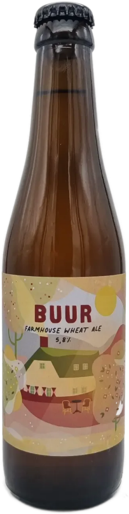 Bruine bierfles met zwarte kroonkurk en kleurrijk BUUR-label voor farmhouse wheat ale.