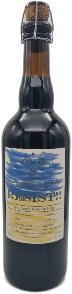Donkere 75cl fles Ouwe Skilder RESIST!! stout met beugelsluiting en blauw-geel etiket.