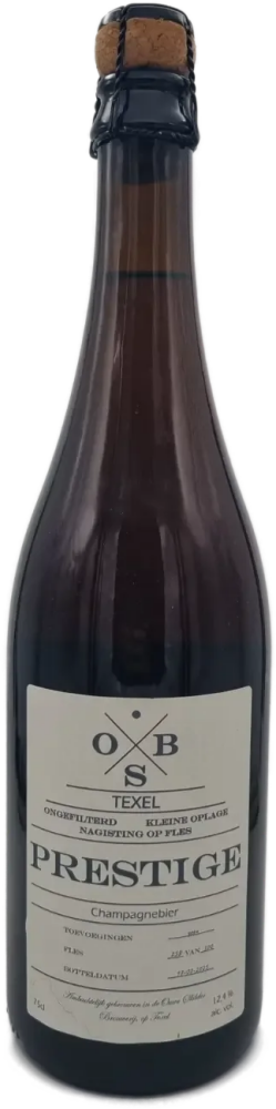 Donkere 75 cl fles Ouwe Skilder Prestige champagnebier met kurk, muselet en crèmekleurig etiket.