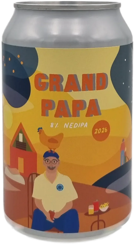 Blikje Eleven Grand Papa 8% NEDIPA met kleurrijk geïllustreerd etiket en opafiguur.