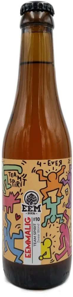 Fles Eembier Eemmalig #10 met amberkleurig bier en kleurrijk label met dansende figuren.