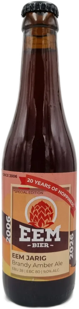 Bruine Eem Bier-fles Eem Jarig Brandy Amber Ale met jubileumetiket 2006-2026 en zwarte kroonkurk.