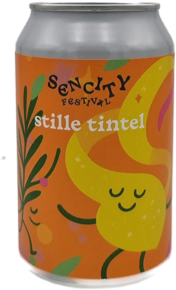 Blikje Stille Tintel met oranje etiket, Sencity festival-logo en gele illustratie.