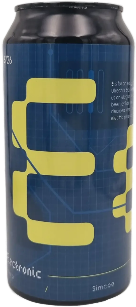 Blik Eleven x Neon Raptor E-West Coast IPA met donkerblauw label en gele grafische E.