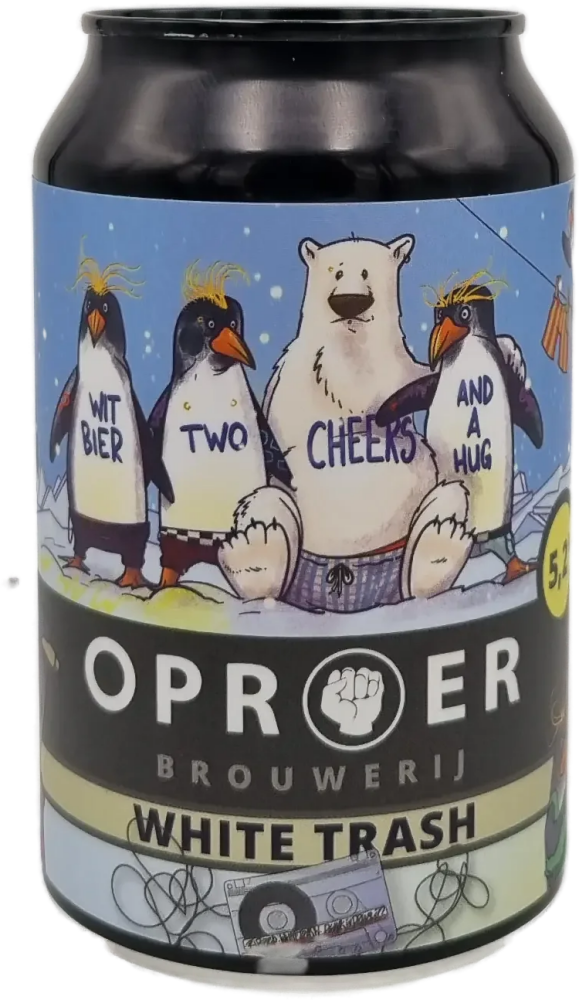Blik Oproer White Trash met illustratie van ijsbeer en pinguïns op een blauw winterlabel.