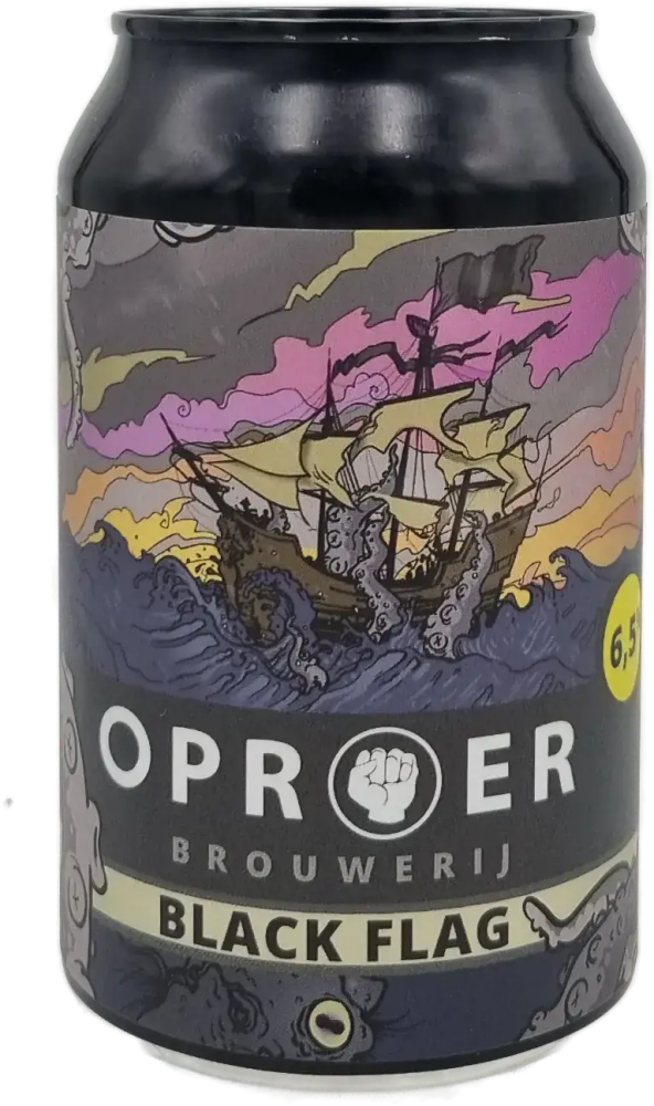 Blikje Oproer Black Flag met illustratie van piratenschip op ruwe zee en donker etiket.