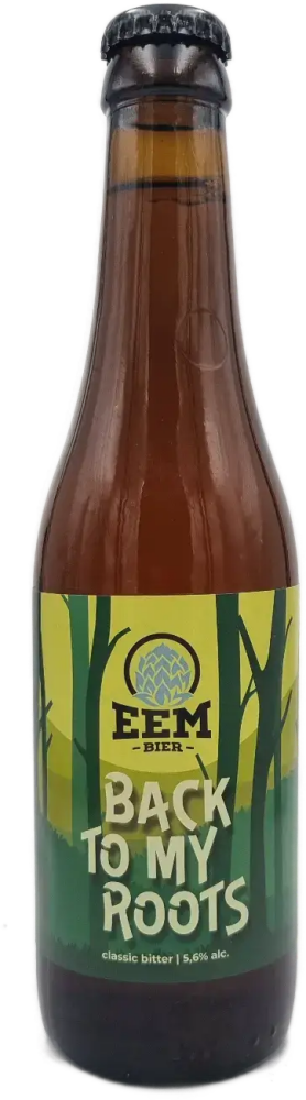 Bruine bierfles Eembier Back to My Roots met groen-geel etiket en zwarte kroonkurk.