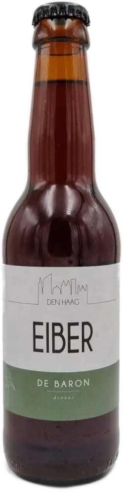 Bruine bierfles EIBER De Baron dubbel met wit-groen etiket en zwarte kroonkurk.