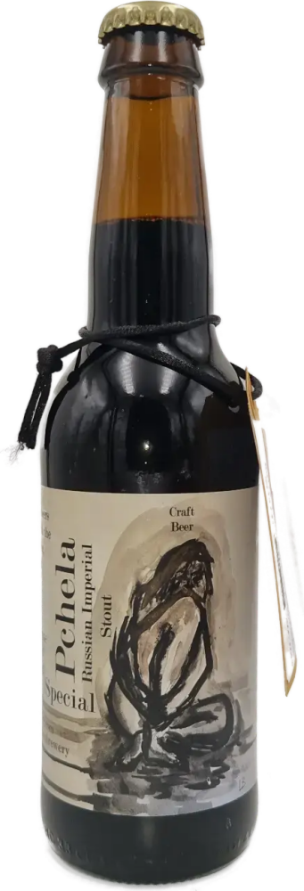Donkere fles Pchela Special Russian Imperial Stout met goudkleurige kroonkurk en zwart koord.