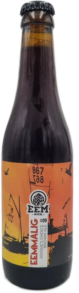 Donkere Eembier Eemmalig #09 fles met oranje label en zwarte kroonkurk.
