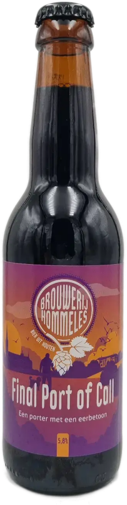 Bruine bierfles Hommeles Final Port of Call met paars-oranje label en zwarte kroonkurk.