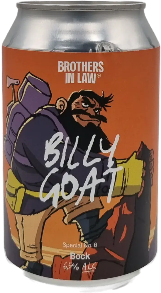 Blikje Brothers in Law Billy Goat bock met oranje label en geïllustreerde berggeit.