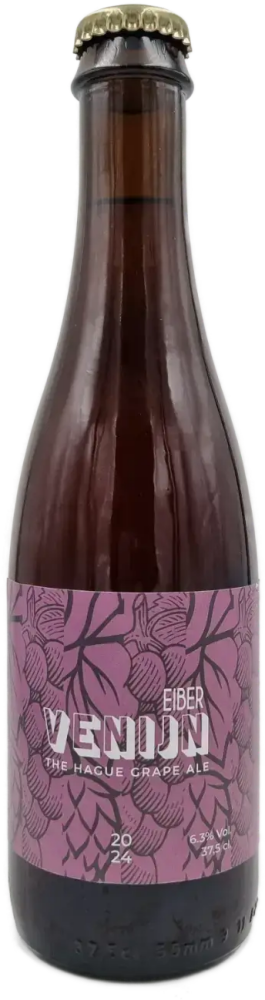 Bruine fles EIBER Venijn grape ale met paarse label en gouden kroonkurk.