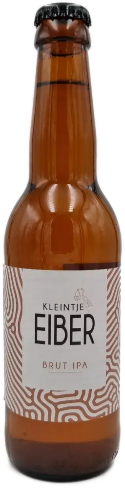 Amberkleurige fles Kleintje Eiber Brut IPA met wit etiket en zwarte kroonkurk.