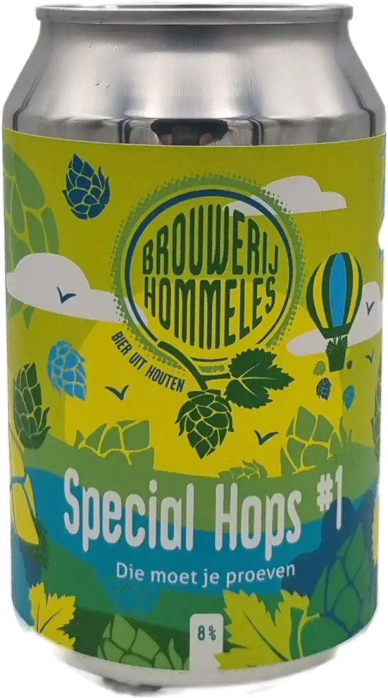 Close-up van groen-geel blik Brouwerij Hommeles Special Hops #1 met hopillustraties.