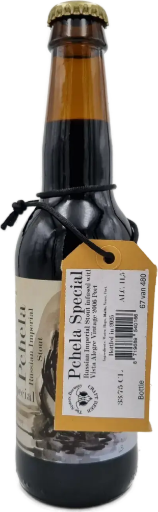 Fles Pchela Special RIS Port Infused met gouden dop, donkere hals en hanglabel aan koord.