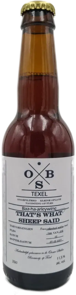 Bruine 33cl-fles Ouwe Skilder That's What Sheep Said met wit etiket en gouden kroonkurk