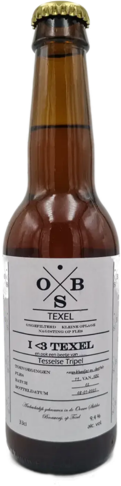 Bruine Ouwe Skilder I <3 Texel bierfles van 33 cl met wit etiket en gouden kroonkurk.