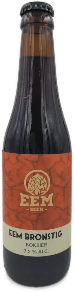 Donkere fles Eem Bronstig bokbier met rood etiket en zwarte kroonkurk.