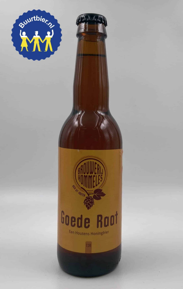 Bruine fles Hommeles Goede Raat met geel etiket en Buurtbier.nl-logo op grijze achtergrond.