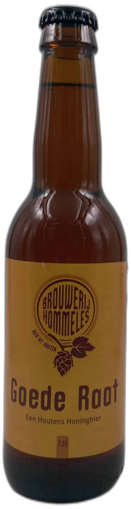 Bruine fles Hommeles Goede Raat honingbier met geel etiket en kroonkurk op zwarte achtergrond.