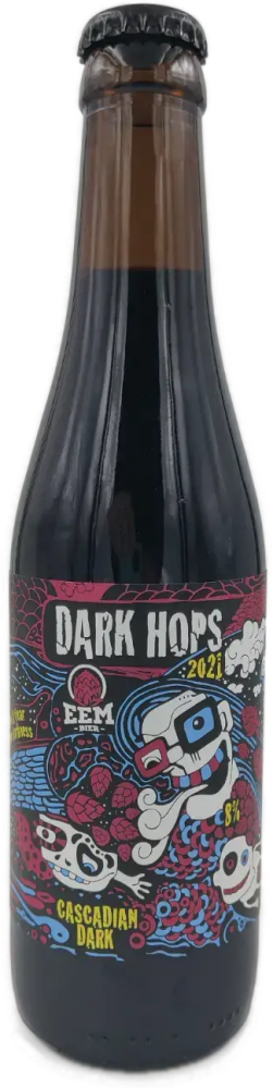 Dark Hops 33cl bierfles met zwarte kroonkurk en kleurrijk geïllustreerd etiket.