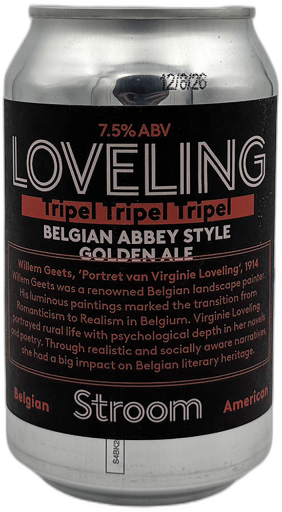 Zilverkleurig blik Stroom Loveling tripel met zwart etiket en rode en witte typografie.