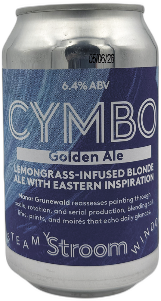 Zilverkleurig blikje Stroom Cymbo golden ale met blauw label op zwarte achtergrond.