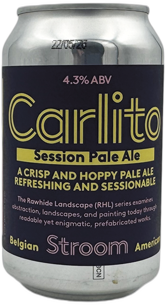 Zilverkleurig blikje Stroom Carlito session pale ale met zwart etiket en geelroze typografie.