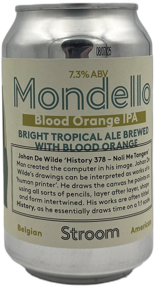 Blik Stroom Mondello Blood Orange IPA van 33 cl met licht etiket en zilverkleurige bovenkant.