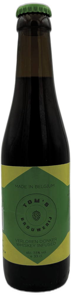 Donkere bierfles van Tom's Brouwerij Verloren Donker Whiskey Infused met groen-gele label.