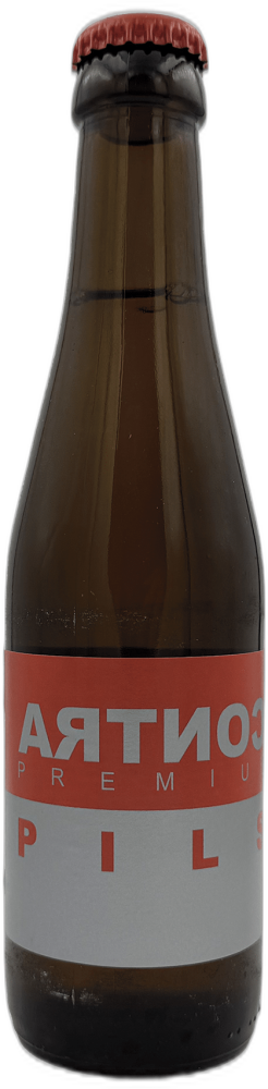Bruin Contreras Contra Pils flesje van 25 cl met rood-wit etiket en rode kroonkurk op zwarte achtergrond