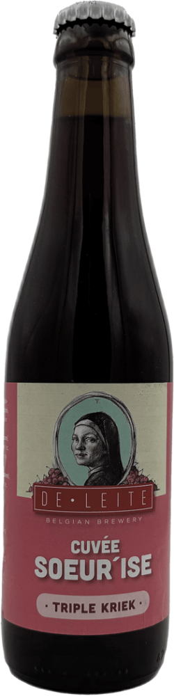 Donkere bierfles De Leite Cuvée Soeur'Ise triple kriek met roze etiket en portret.