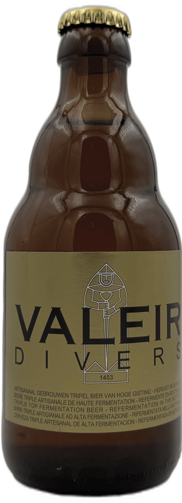 Bruine 33cl fles Valeir Divers tripelbier met beige etiket en gouden kroonkurk op zwarte achtergrond