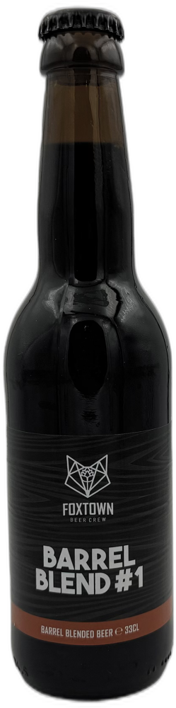 Donkere 33cl fles Foxtown Barrel Blend #1 met zwarte label en kroonkurk tegen zwarte achtergrond.