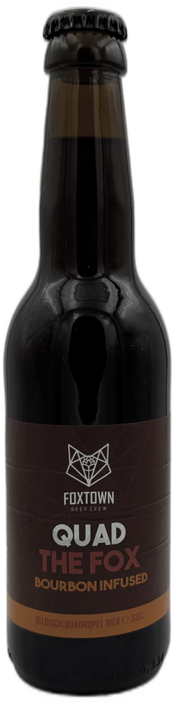 Donkere fles Foxtown Quad The Fox Bourbon Infused 33 cl met bruinetiket en zwarte kroonkurk.