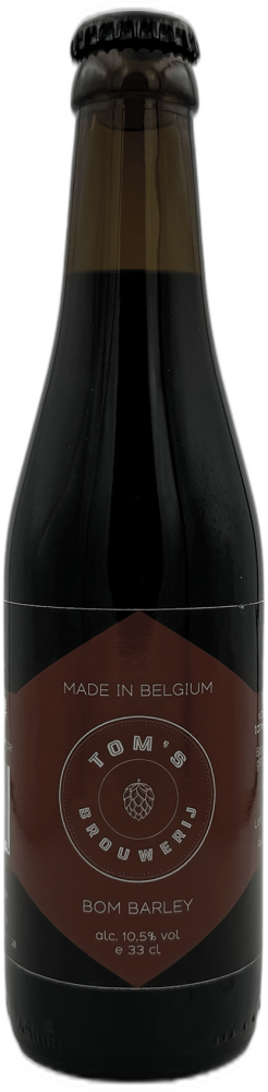 Donkere fles Tom's Brouwerij Bom Barley 33 cl met bruin etiket op zwarte achtergrond.