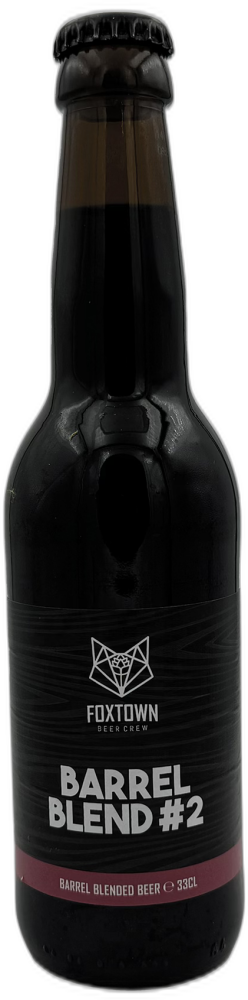 Donkere Foxtown Beer Crew Barrel Blend #2 bierfles van 33 cl met zwart label op zwarte achtergrond