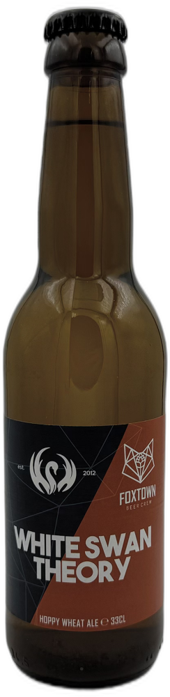 Amberkleurige bierfles Foxtown White Swan Theory 33cl met zwart-oranje etiket op zwarte achtergrond.