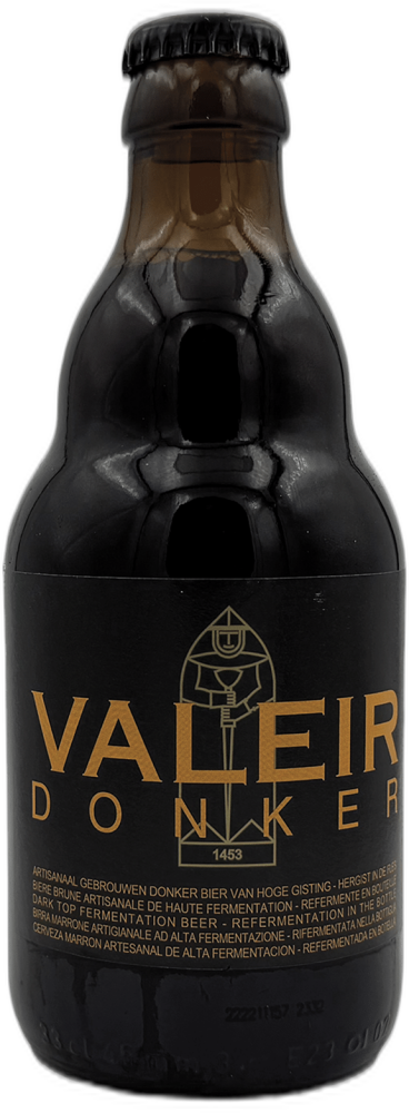 Bruine fles Valeir Donker bier met zwart-gouden etiket en kroonkurk op zwarte achtergrond.