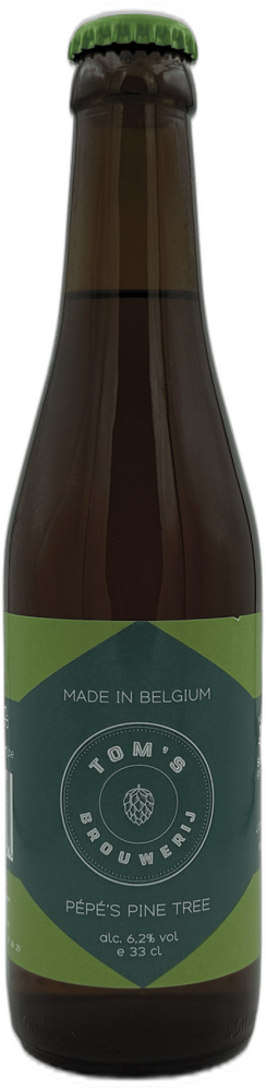 Bruine bierfles met groene kroonkurk en etiket van Tom's Brouwerij Pépé's Pine Tree.