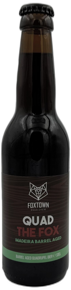 Donkere 33cl fles Foxtown Quad The Fox Madeira Barrelaged met bruin label en groene accentrand.