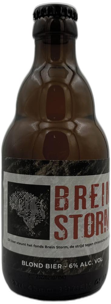 Bruine fles Jessenhofke Brein Storm blond bier met circuitbrein op etiket tegen zwarte achtergrond
