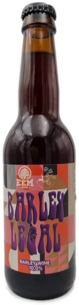 Donkere bierfles met kleurrijk Barley Legal-label van Eem Bier en barleywine 10,0%.