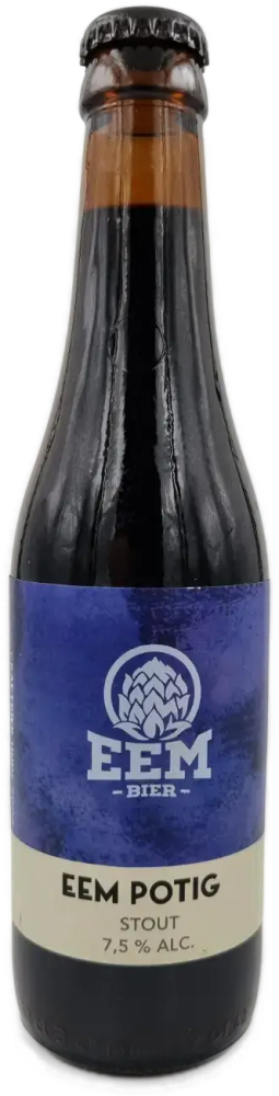 Donkere bierfles Eem Potig stout met blauw etiket en zwarte kroonkurk.