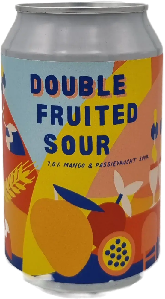 Kleurrijk blikje Double Fruited Sour met mango- en passievruchtillustraties op het etiket.