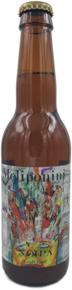 Bruine bierfles Meliponini IPA met goudkleurige kroonkurk en kleurrijk abstract etiket.