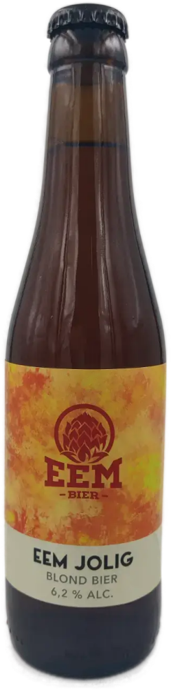 Bruine fles Eem Bier Jolig Blond met geel label, crèmekleurige tekstband en zwarte kroonkurk.