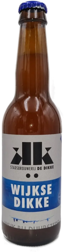Bruine Wijkse Dikke bierfles met blauwe kroonkurk en wit-blauw etiket van Stadsbrouwerij De Dikke.