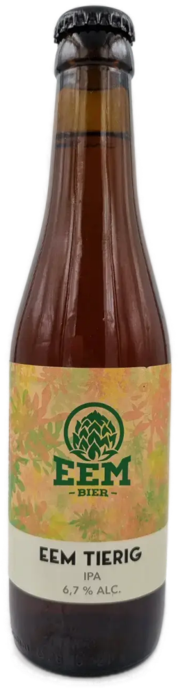 Amberkleurige fles Eem Bier Eem Tierig IPA met groen logo en herfstkleurig etiket.
